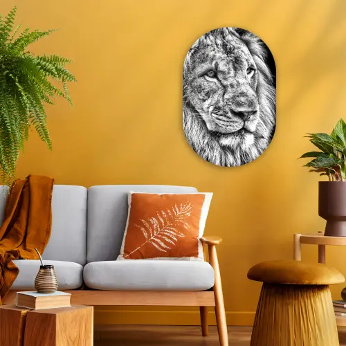 Portret - Leeuw - Zwart wit Wandcirkel Ovaal Forex klein -sfeer4