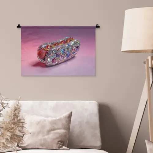 Hotdog - Steentjes - Glitters - Paars Wandkleed katoen klein -sfeer4