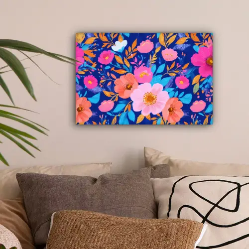 Bloemen - Blauw - Roze canvas 2cm klein -sfeer1