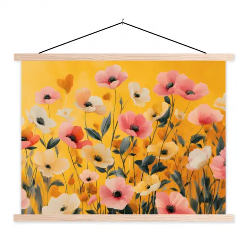Bloemen - Veld - Geel textielposter latten blank klein -3d