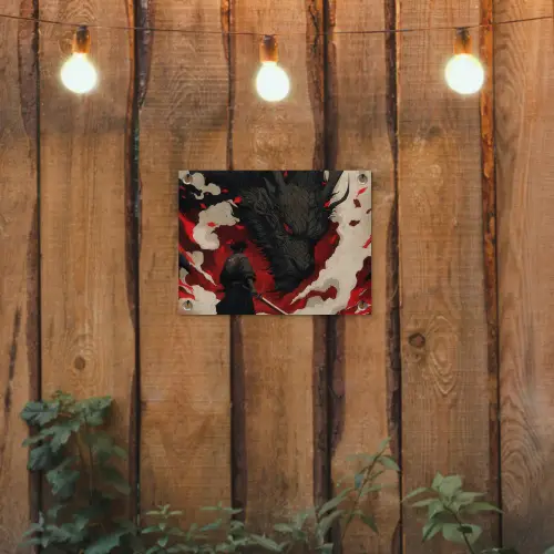 Krijger - Draak - Zwart - Rood - Rook tuinposter los doek klein -sfeer1