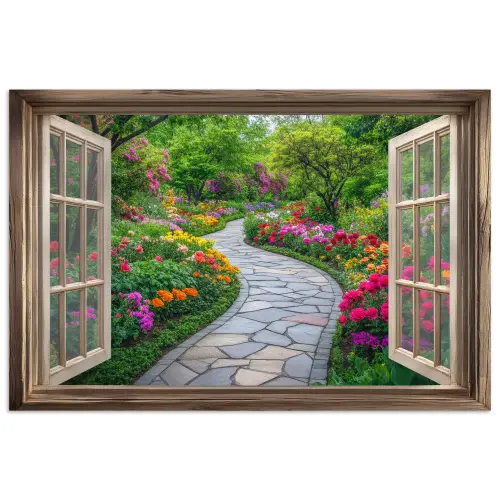 Doorkijk - Bloemen - Tuinpad - Natuur - Raam poster papier klein -3d