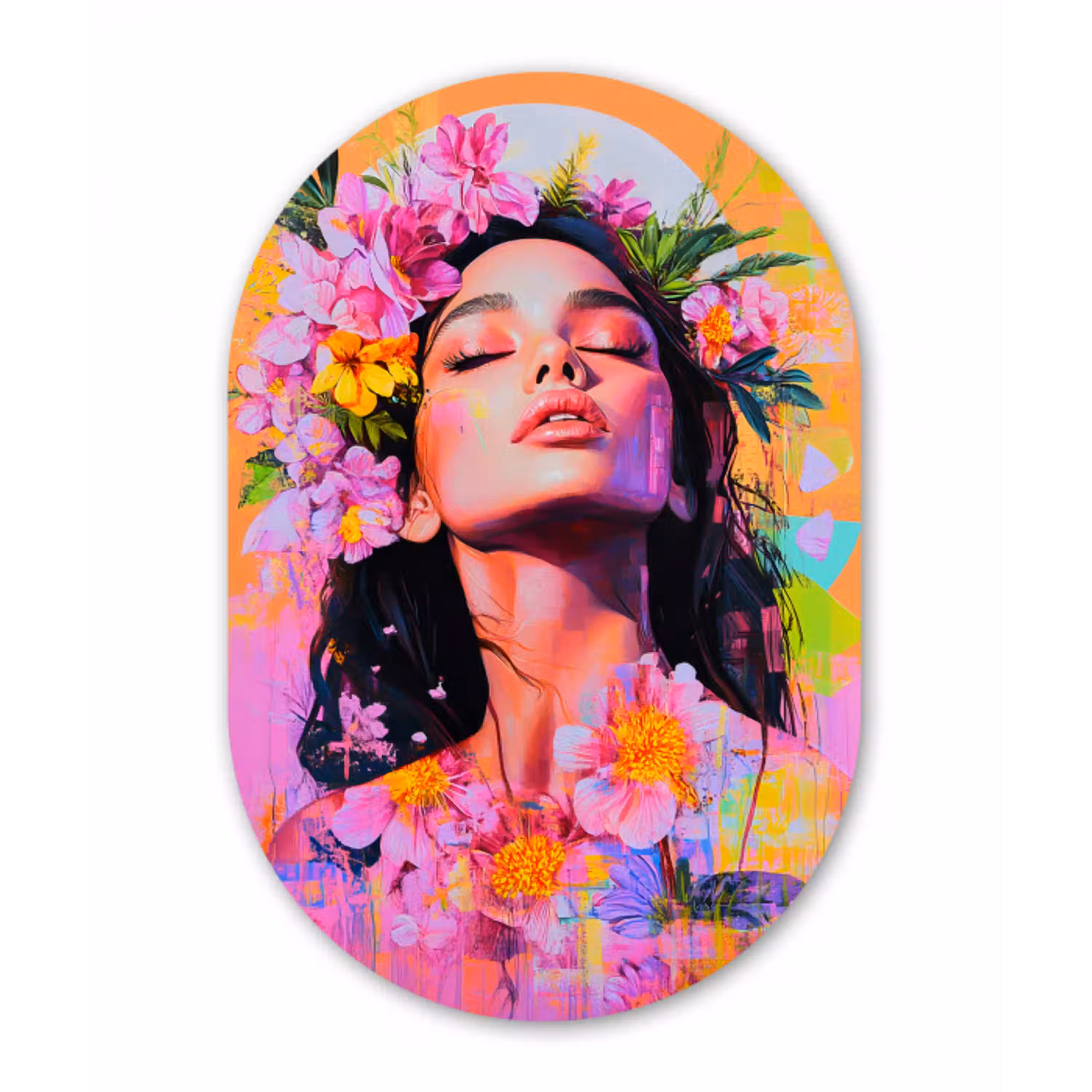Portret - Bloemenkroon - Vrouw Wandcirkel Ovaal Aluminium middel -3d
