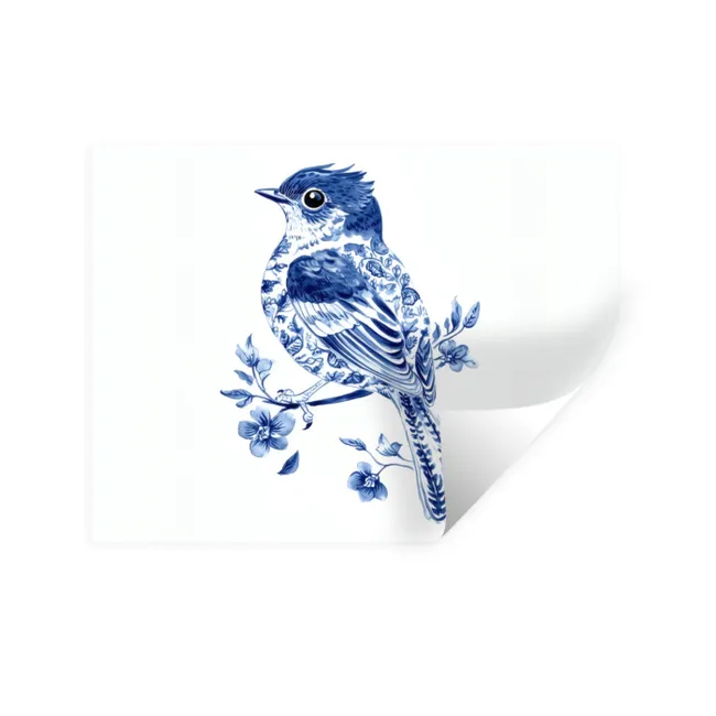 Muursticker - Vogel - Delfts blauw - Illustratie - Bloemen