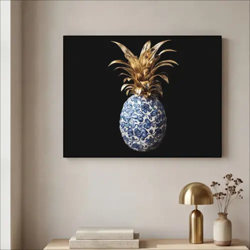 Ananas - Bloemen patroon - Goud - Delftsblauw Textielframe zwart klein -sfeer2