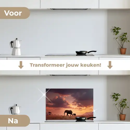 Olifanten - Grasland - Zonsondergang keuken achterwand spatscherm klein -voor_na_NL