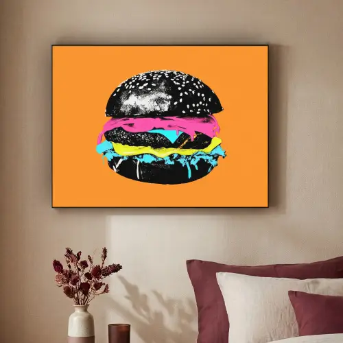 Hamburger - Oranje - Neon - popart Textielframe - compleet frame klein -sfeer1