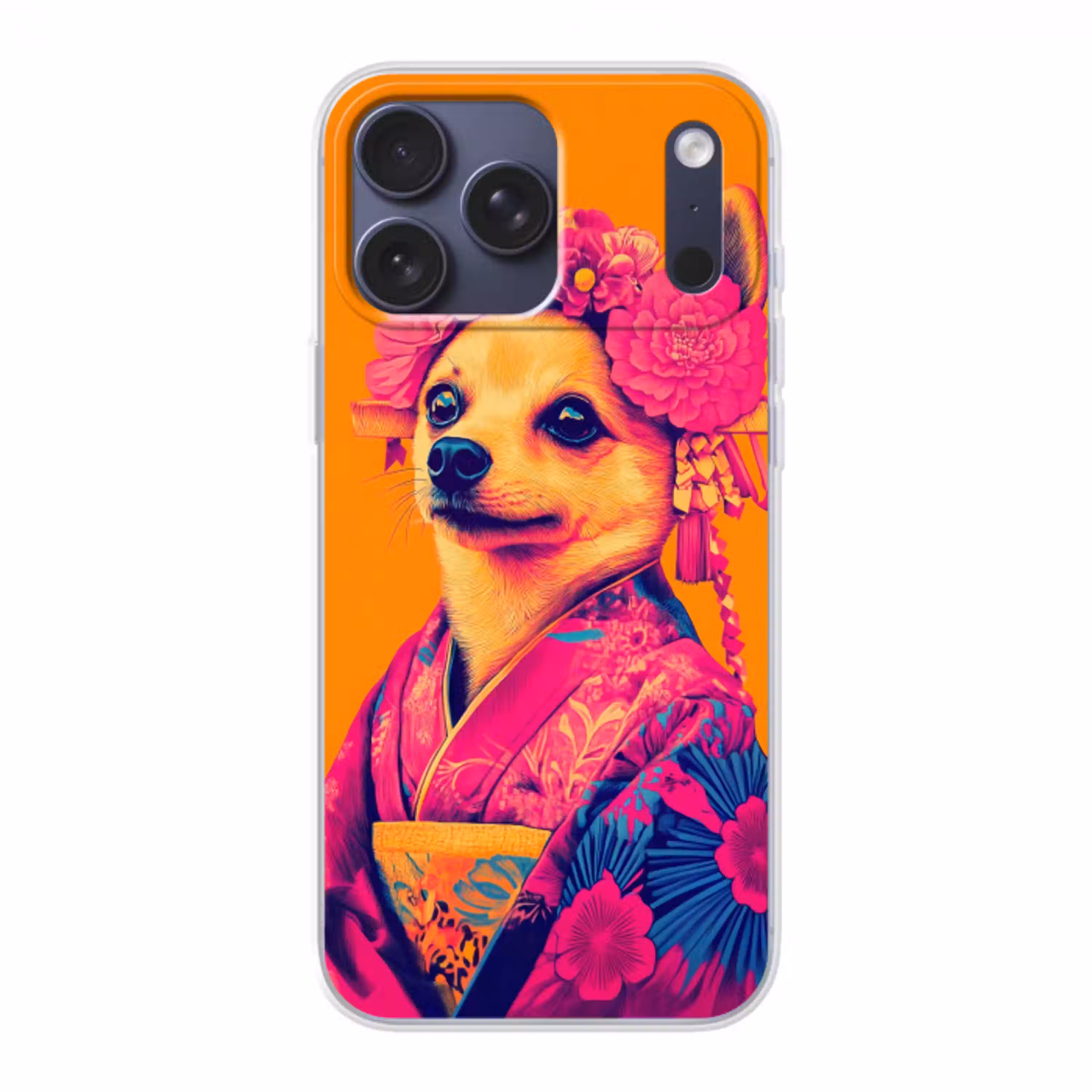 Kimono - Hondje - Bloemenkroon - Oranje Telefoonhoesje iPhone 17 Pro Max klein -3d