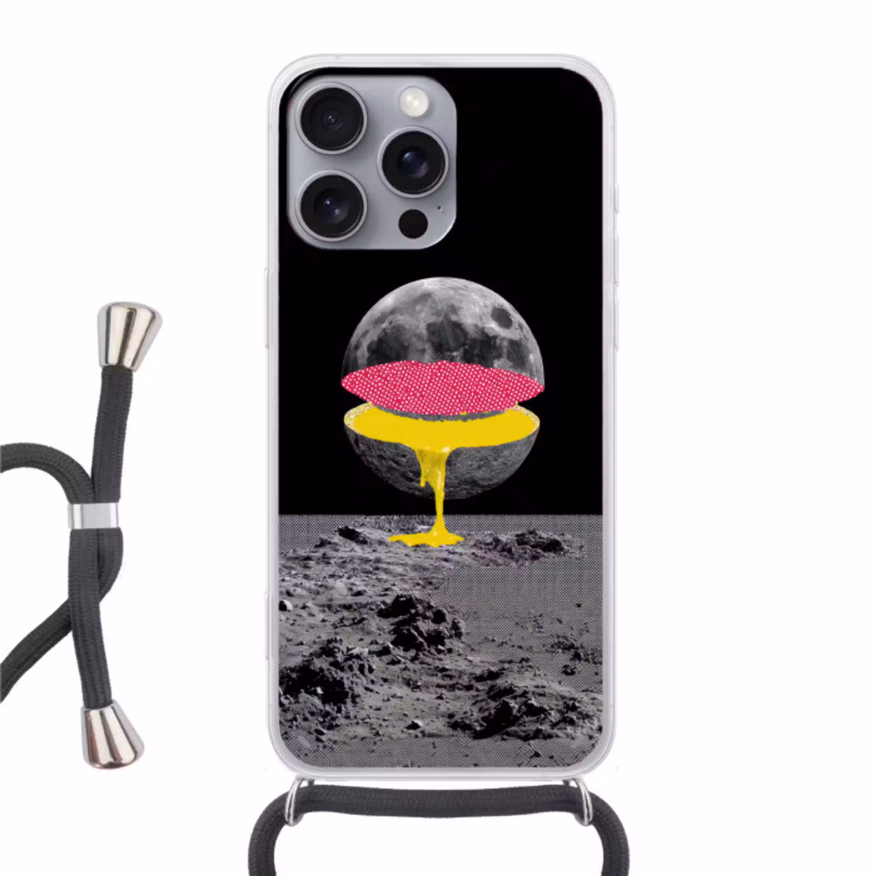 Maan - Geel - Roze - Zwart Hoesje iPhone 16 Pro Max met koord klein -3d