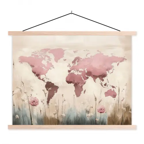 Wereldkaart - Roze - Bloemen textielposter latten blank klein -3d