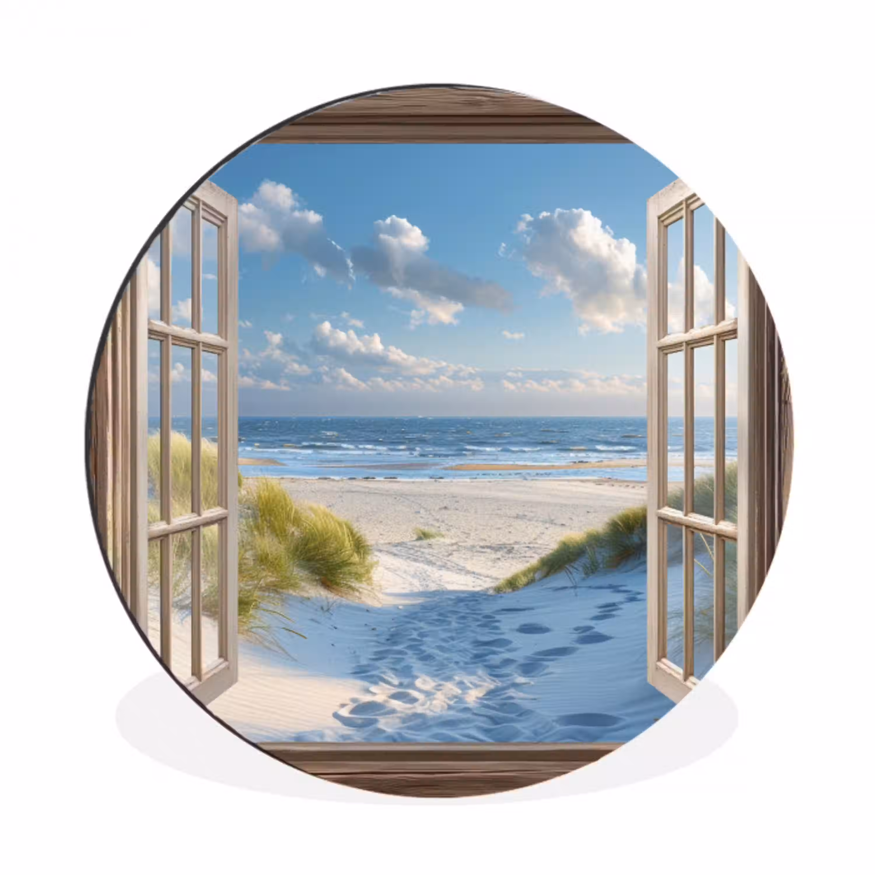 Doorkijk - Strand - Raam - Duinen - Zee Wandcirkel aluminium klein -3d
