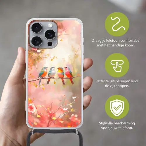 Vogels - Kleurrijk - Tak Hoesje iPhone 16 Pro Max met koord klein -sfeer2_NL