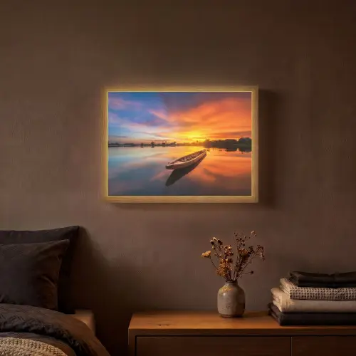 Boot - Water - Zonsondergang - Oranje - Water Light Box met batterij (Wandlamp) middel -sfeer4