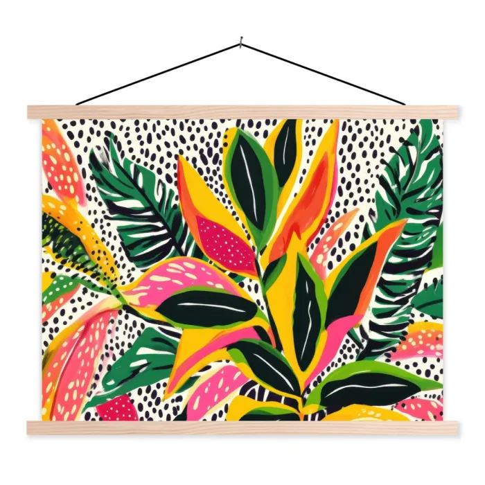 Tropisch - Bladeren - Zwart - wit textielposter latten blank klein -3d