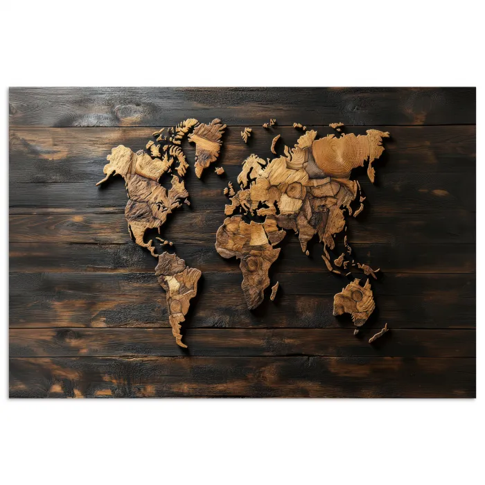 Wereldkaart -  Hout - Mozaïek poster papier klein -3d