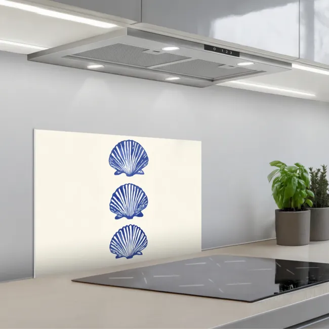 Schelpen - Blauw - Patroon keuken achterwand spatscherm klein -3d_schuin