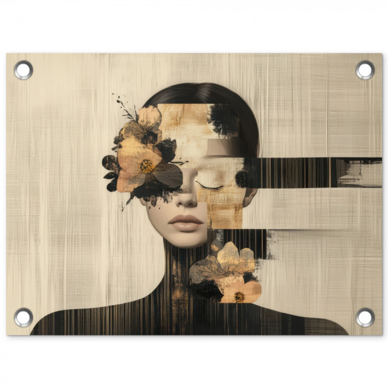 Gezicht - Bloemen - Zwart - Vrouw tuinposter los doek klein -3d