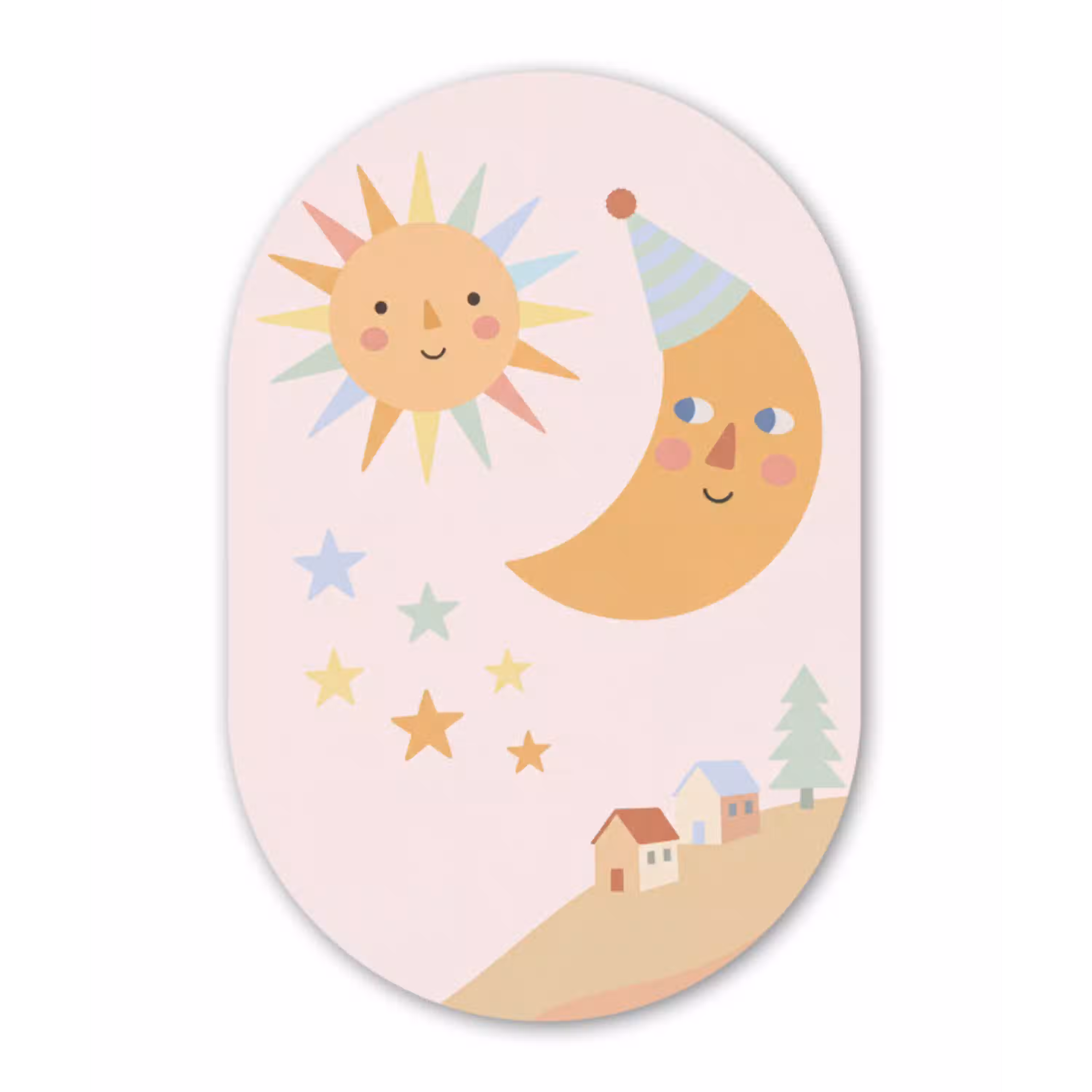 Zon - Maan - Sterren - Kinderkamer - Pastel Wandcirkel Ovaal Aluminium middel -3d
