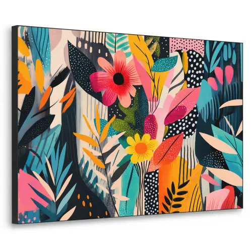 Schilderij - Abstract - Bloemen - Roze Textielframe zwart klein -3d