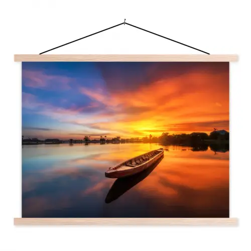 Boot - Water - Zonsondergang - Oranje - Water textielposter latten blank klein -3d