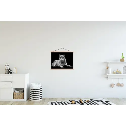 Wilde dieren - Wolf - Zwart - Wit textielposter latten blank klein -kinderkamer