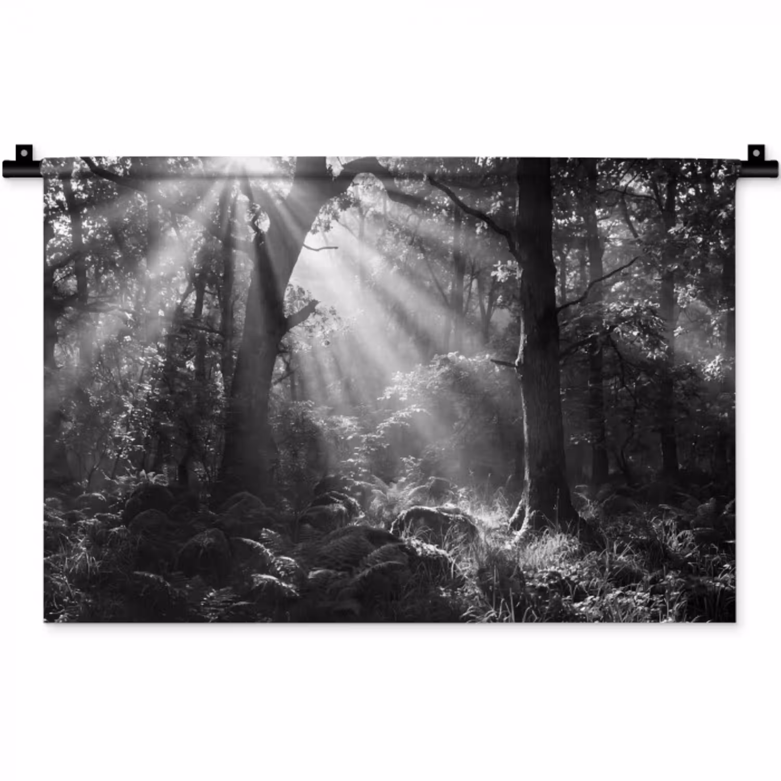 Bos - Lichtstralen - Natuur - Zwart-wit Wandkleed katoen klein -zz3d