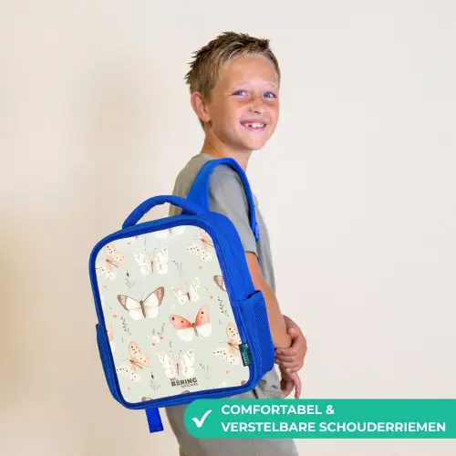 Vlinder patroon in zachte oranje en rode tinten Kinderrugzak - Blauw middel -sfeer3_NL