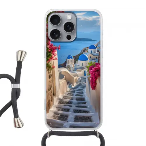 Santorini - Bloemen - Griekenland Hoesje iPhone 16 Pro Max met koord klein -3d