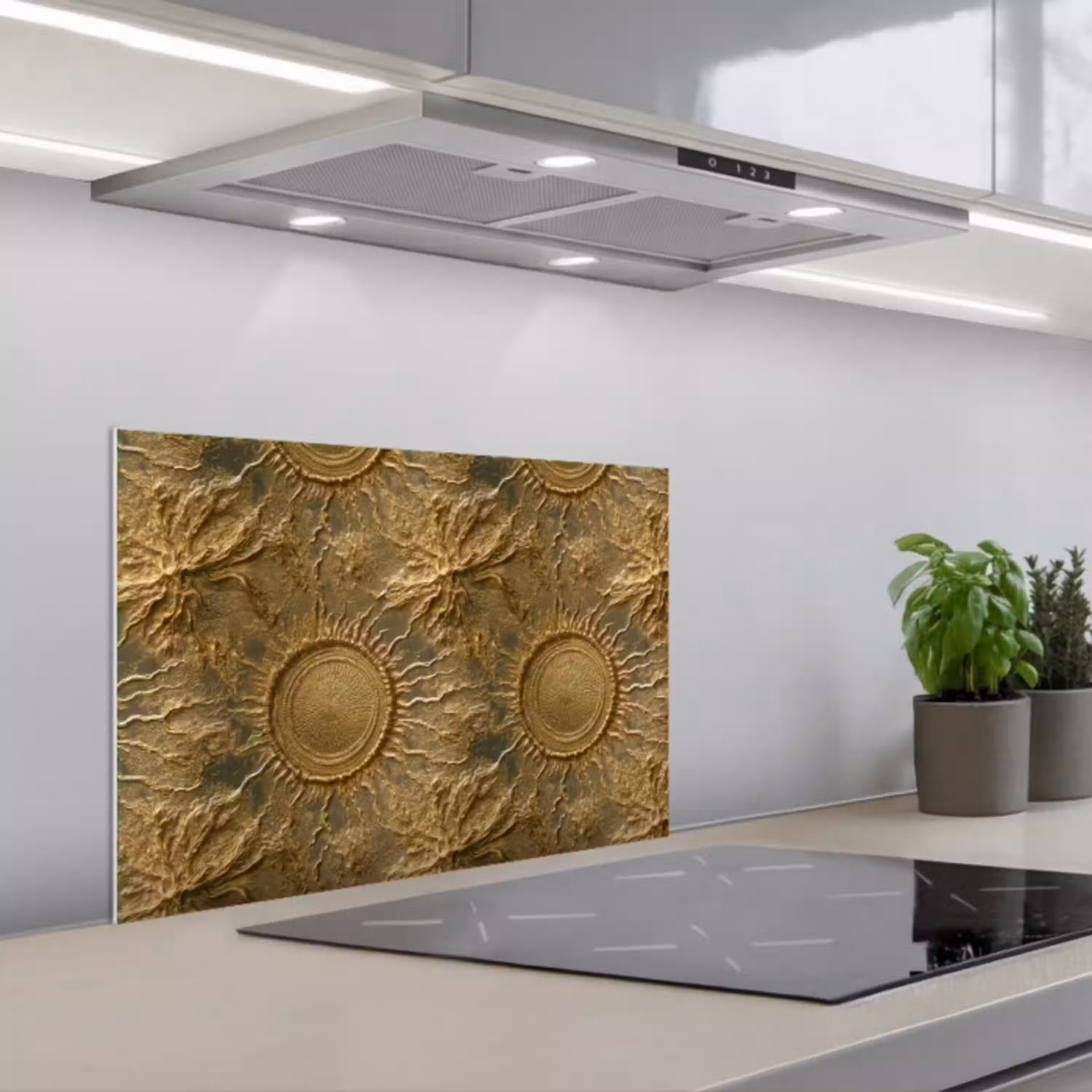 Zon - Reliëf - Antiek - Goud keuken achterwand spatscherm klein 900 -3d_schuin