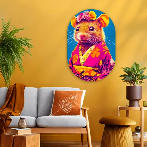 Muis - Kimono - Bloemen - Blauw Wandcirkel Ovaal Glas middel -sfeer4