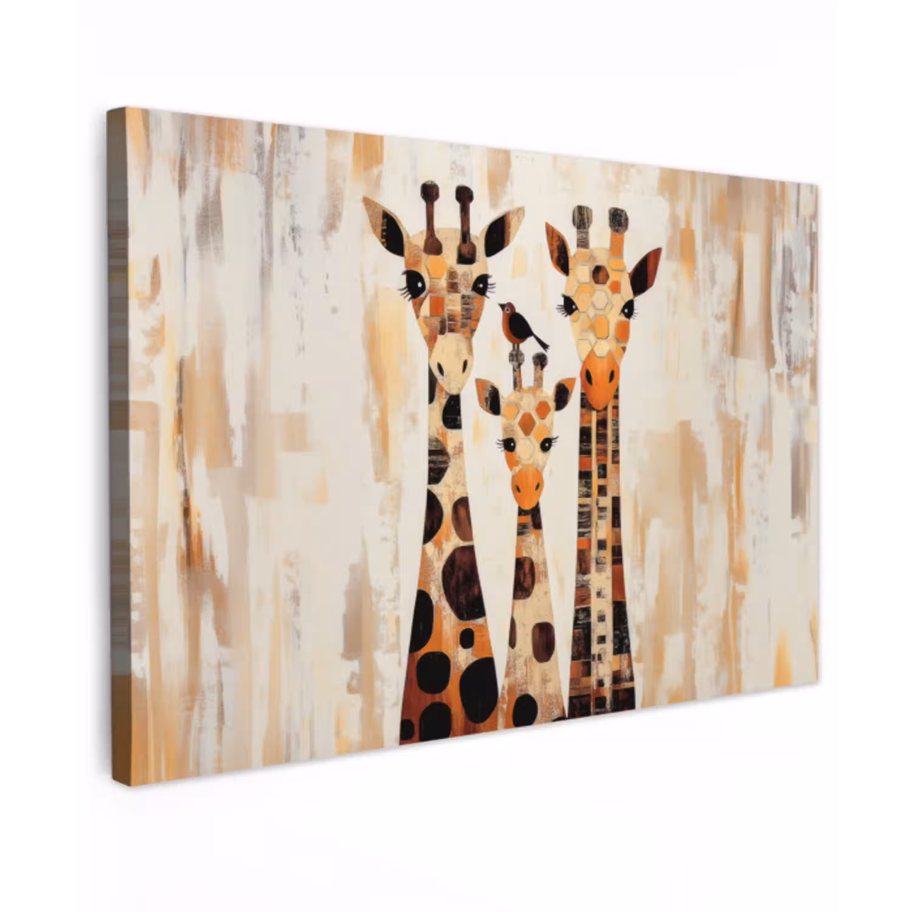 Giraffen - Cartoon - Crème Tuinposter op houten frame 2 cm dik klein -3d