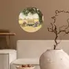 Houten bankje - Bloempotten - Landschap Wandcirkel behangsticker klein -sfeer1