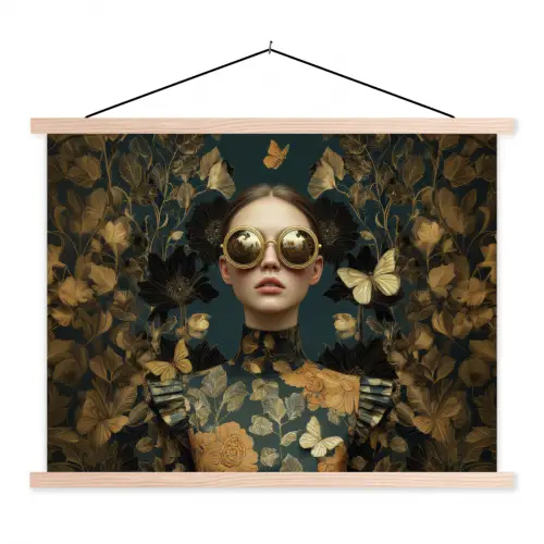 Vrouw - Bladeren - Goud - Vlinders textielposter latten blank klein -3d