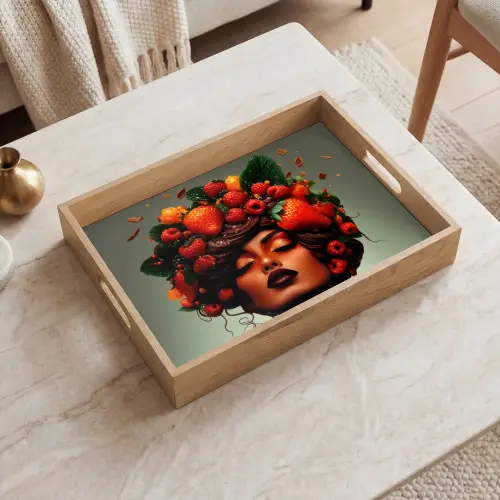 Vrouw - Chocolade - Frambozen - Aardbeien - Koekjes Dienblad Rechthoek middel -sfeer1
