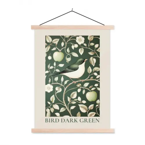 Groen - Vogel  - Bloemen textielposter latten blank klein -3d