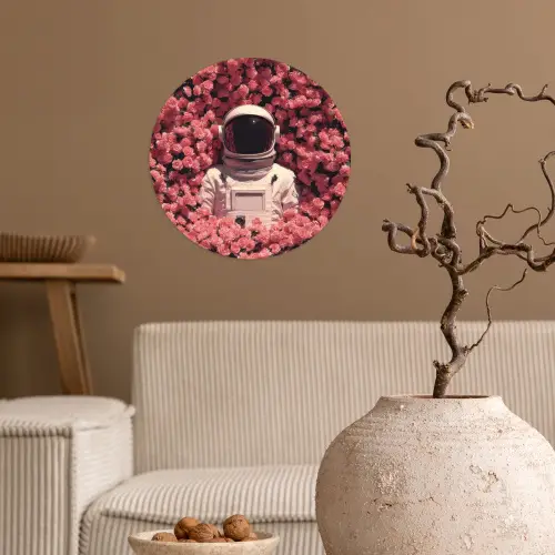 Bloemen - Roze - Astronaut Wandcirkel behangsticker klein -sfeer1
