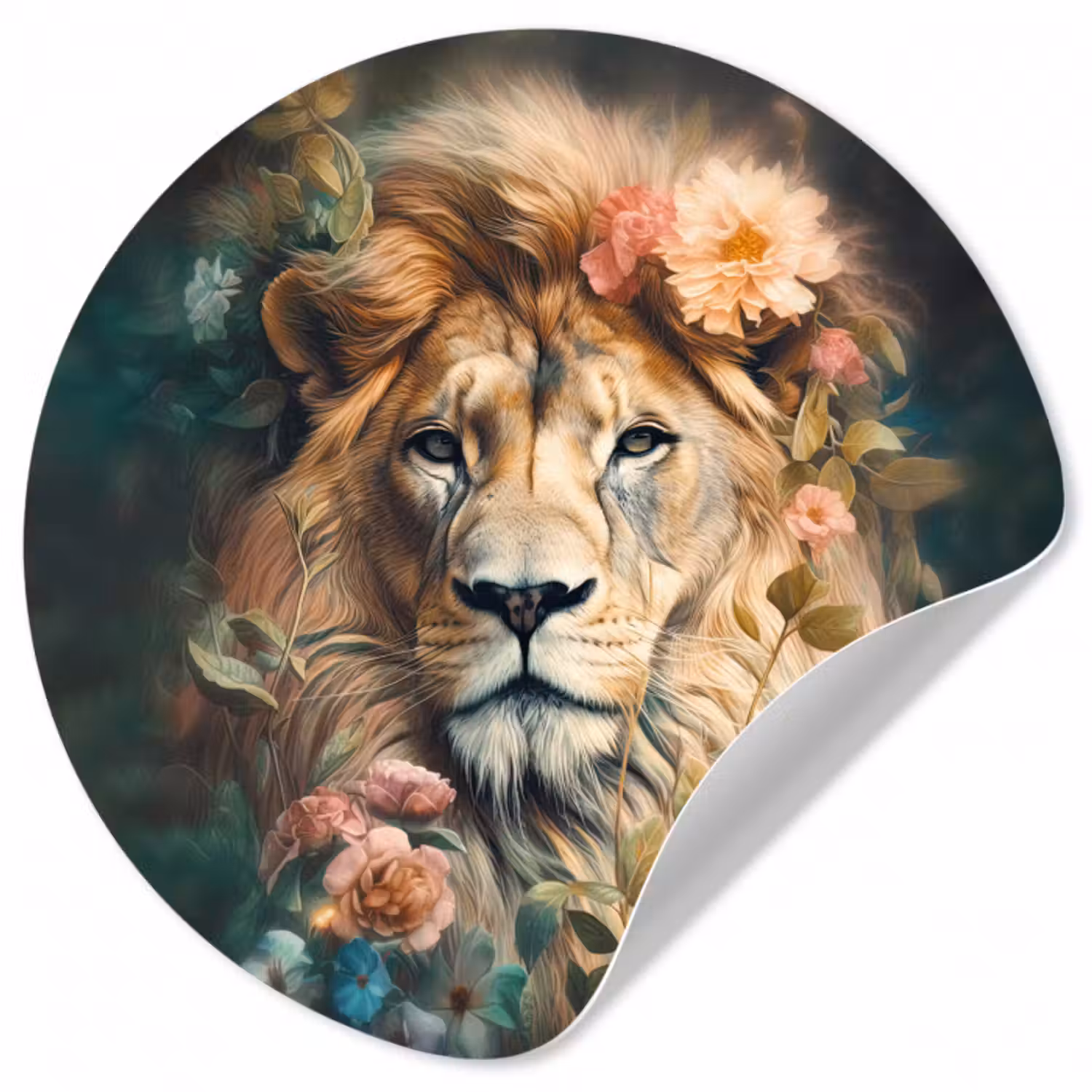 Runde Tapete - Löwe - Löwenkopf - Wilde Tiere - Blumen