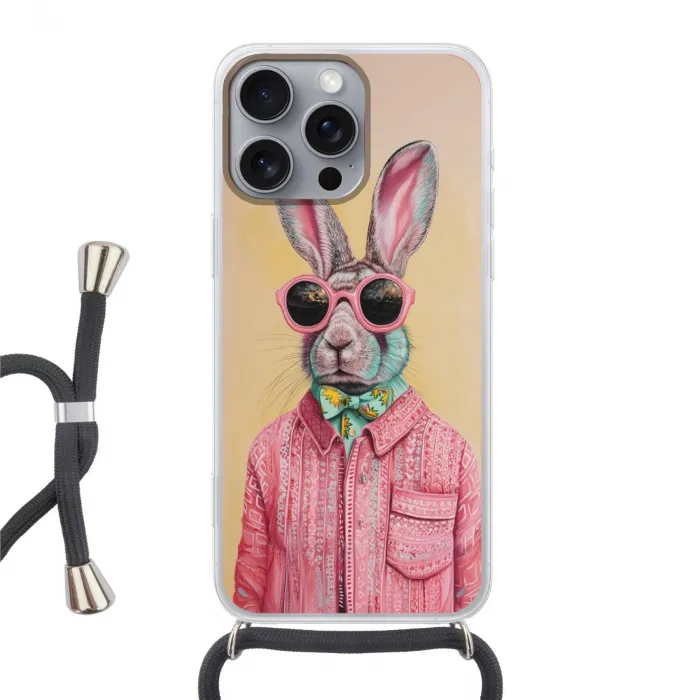 Grijs - Konijn - Blouse - Strik Hoesje iPhone 16 Pro Max met koord klein -3d