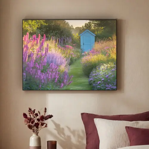 Tuinhuisje - Blauw - Bloemen Textielframe zwart klein -sfeer1