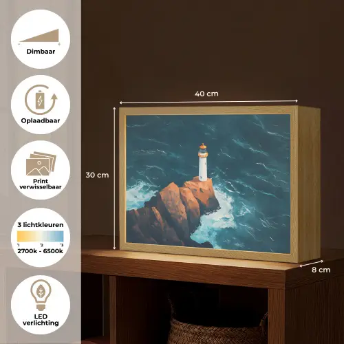 Vuurtoren - Rots - Zee - Golven Light Box met batterij (Wandlamp) middel -USP_websiteoverzichtNL