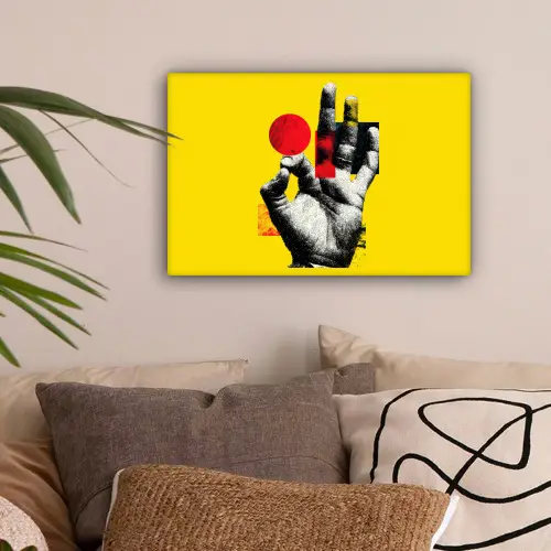 Hand - Rode cirkel - Geel canvas 2cm klein -sfeer1