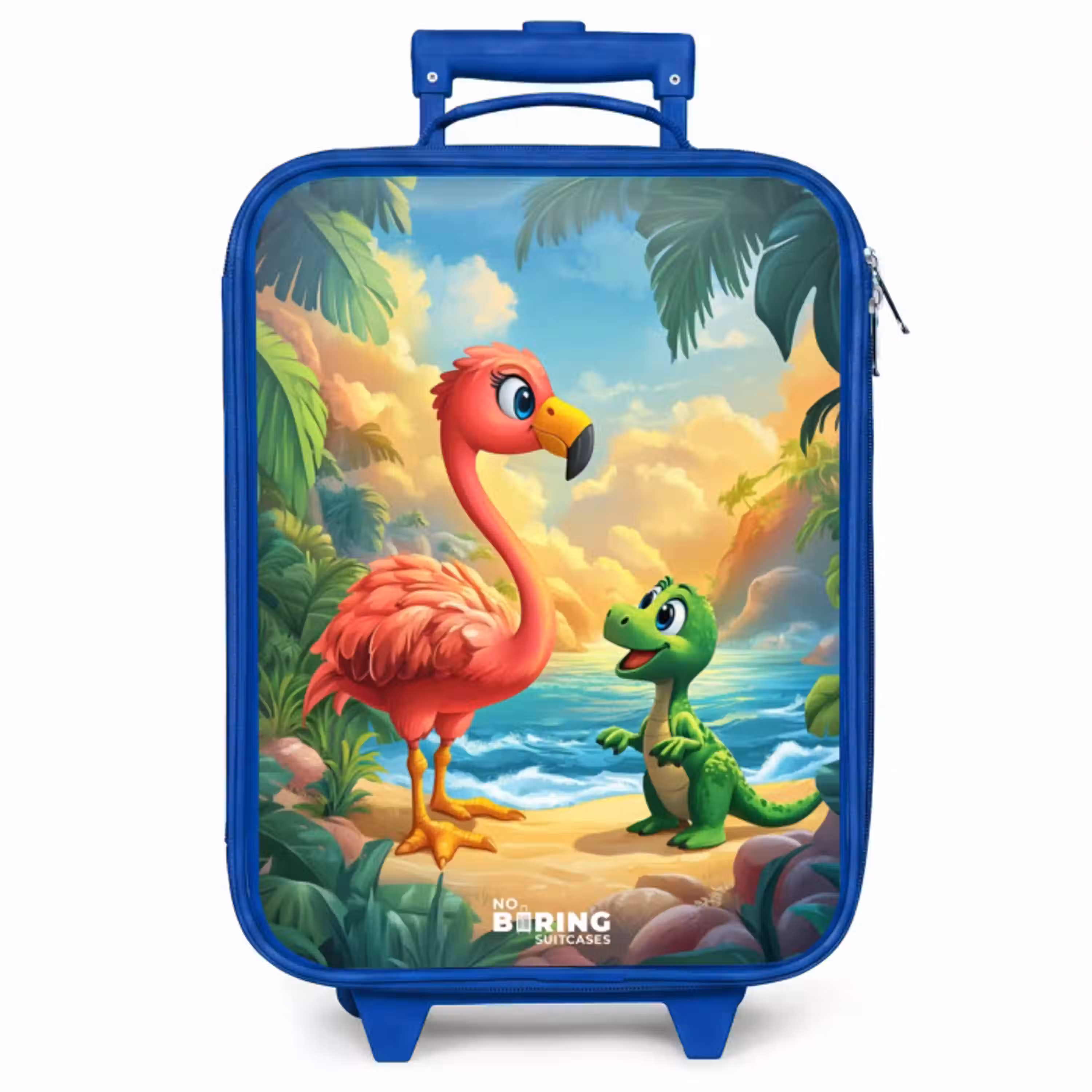 Flamingo en dinosaurus op strand bij ondergaande zon Kinderkoffer - Blauw klein -zzz_website3d