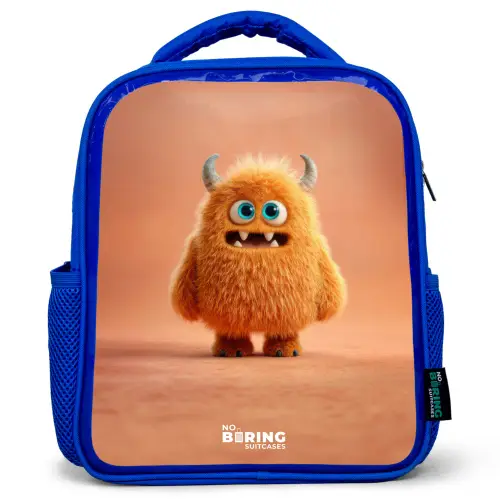 Oranje Pluizig Monster met Hoorns Kinderrugzak - Blauw middel -3d