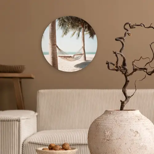 Hangmat - Palmbomen - Strand - Zee Wandcirkel kunststof plaat 5mm dik klein -sfeer1