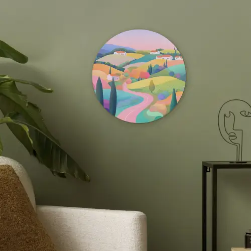 Landschap - Paars - Pastel - Huizen Akoestische PET Vilt - Rond klein -sfeer2