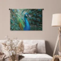 Pauw - Veren - Blauw Wandkleed katoen middel -sfeer4