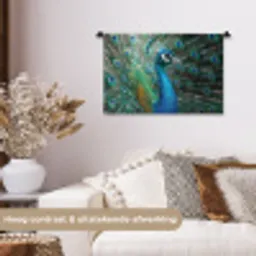 Pauw - Veren - Blauw Wandkleed katoen klein -sfeer1