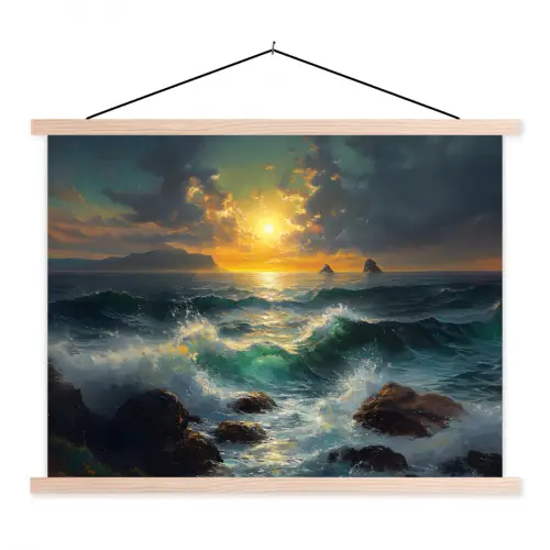 Zee - Zon - Golven - Rotsen textielposter latten blank klein -3d