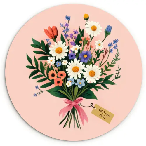 Margrieten - Boeket - Strikje - Roze Wandcirkel plexiglas klein -3d