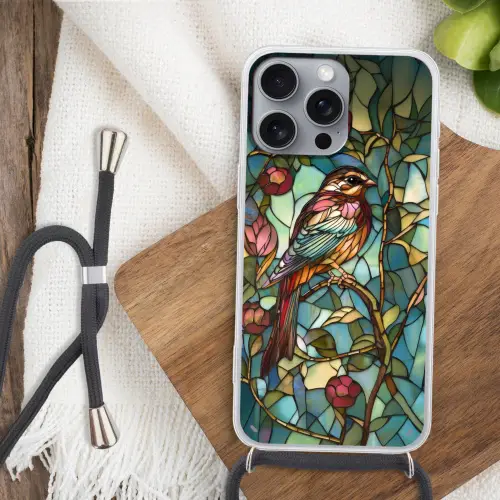 Vogel - Tak - Rozen - Mozaïek Hoesje iPhone 16 Pro Max met koord klein -sfeer4